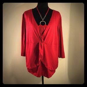 🌸AB Studio Red 3/4 Sleeve Jewel Top Blouse